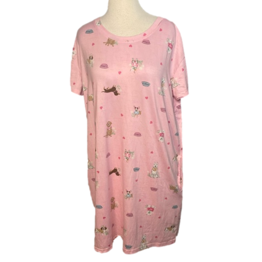 JOYSPUN Night Shirt Short Sleeves Pockets Dog Print Pink S-M